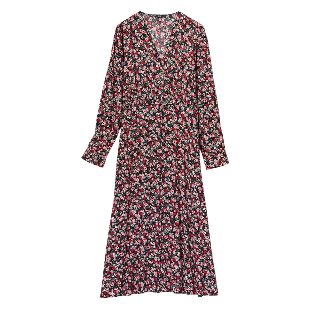 Платье Uniqlo Printed V-Neck Flared Long Sleeved, розовый