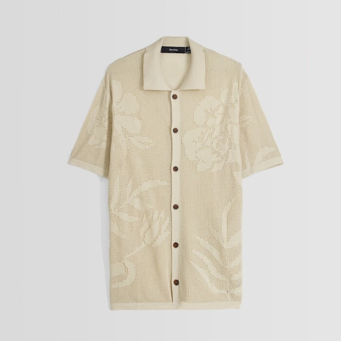 

Рубашка Bershka Short Sleeve Floral Crochet, бежевый