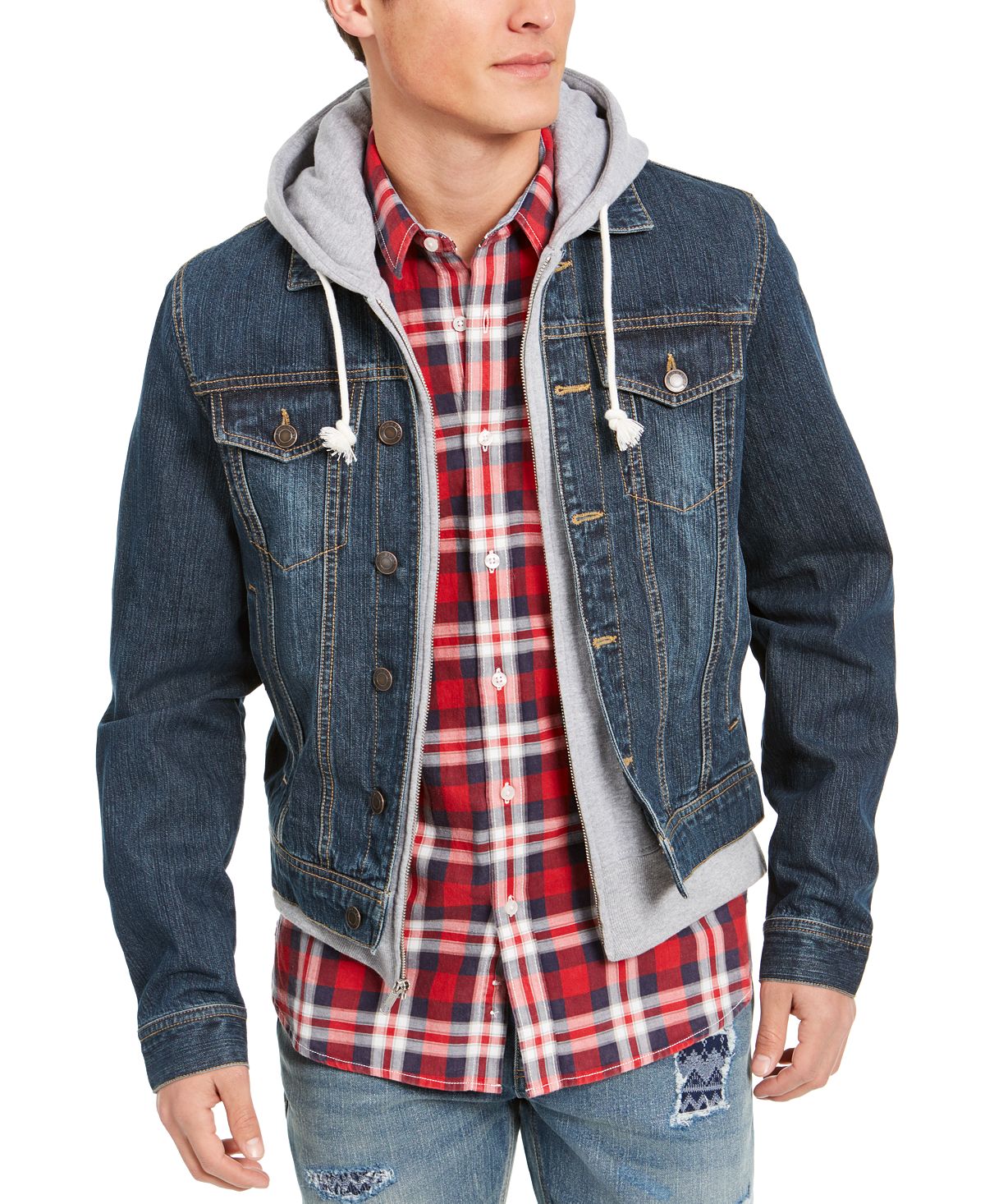 цена Мужская джинсовая куртка reeves trucker с капюшоном, созданная для macy's Sun + Stone, мульти