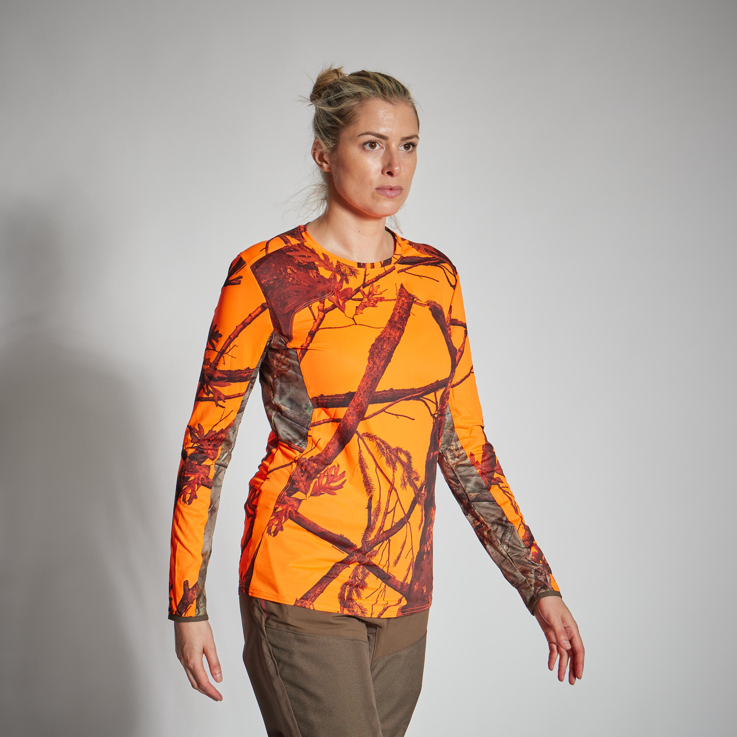 Рубашка охотничья с длинными рукавами 500 женская малошумная дышащая камуфляж/оранжевый SOLOGNAC, неоновый оранжевый psa