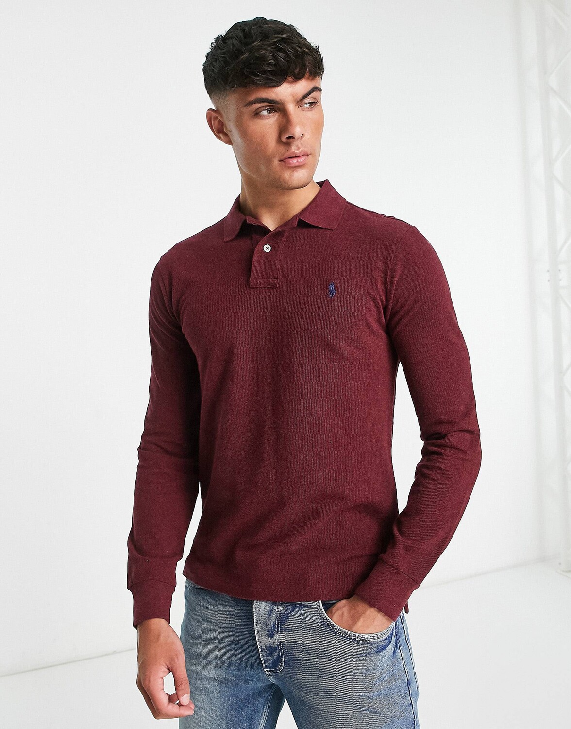 

Темно-бордовое поло узкого кроя из пике с длинными рукавами Polo Ralph Lauren icon logo