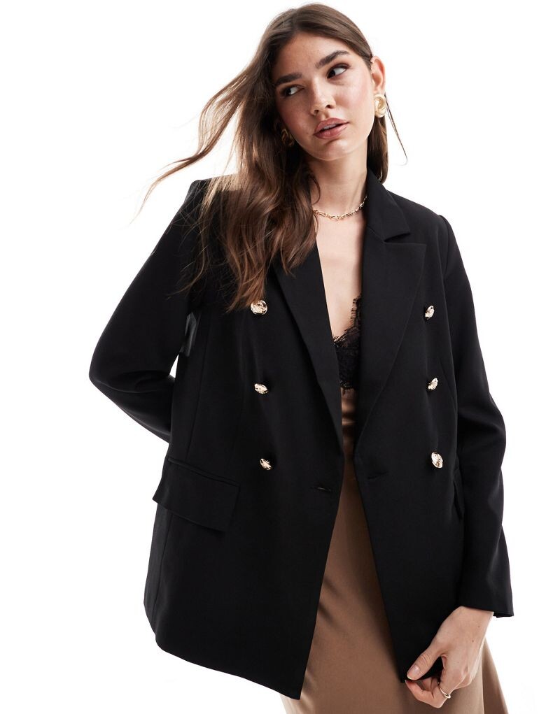 

Черный пиджак строгого кроя с золотыми пуговицами ASOS DESIGN