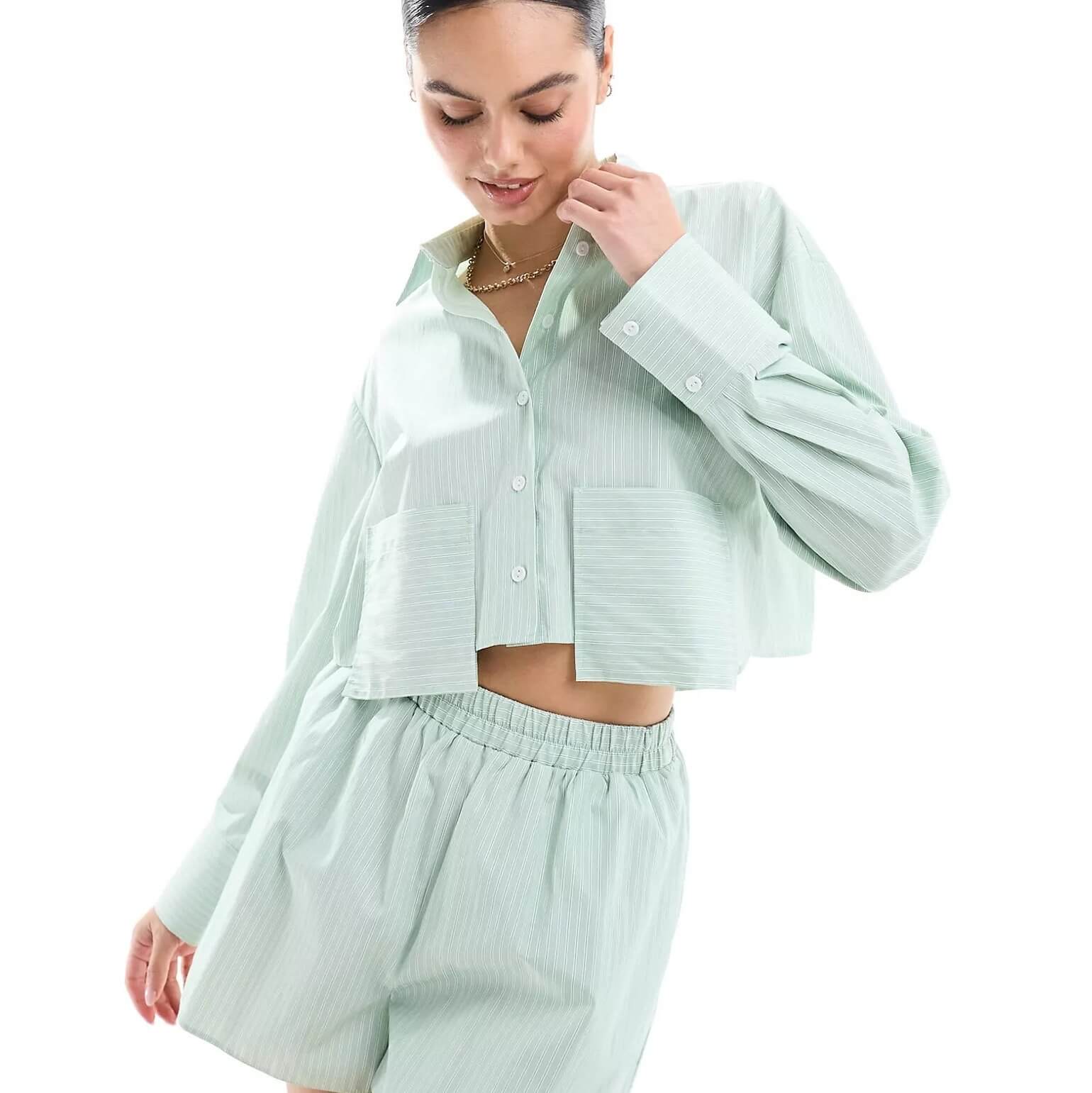 Рубашка Miss Selfridge Poplin Cropped Dropped Pocket Stripe, светло-зеленый рубашка zara cropped poplin светло коричневый