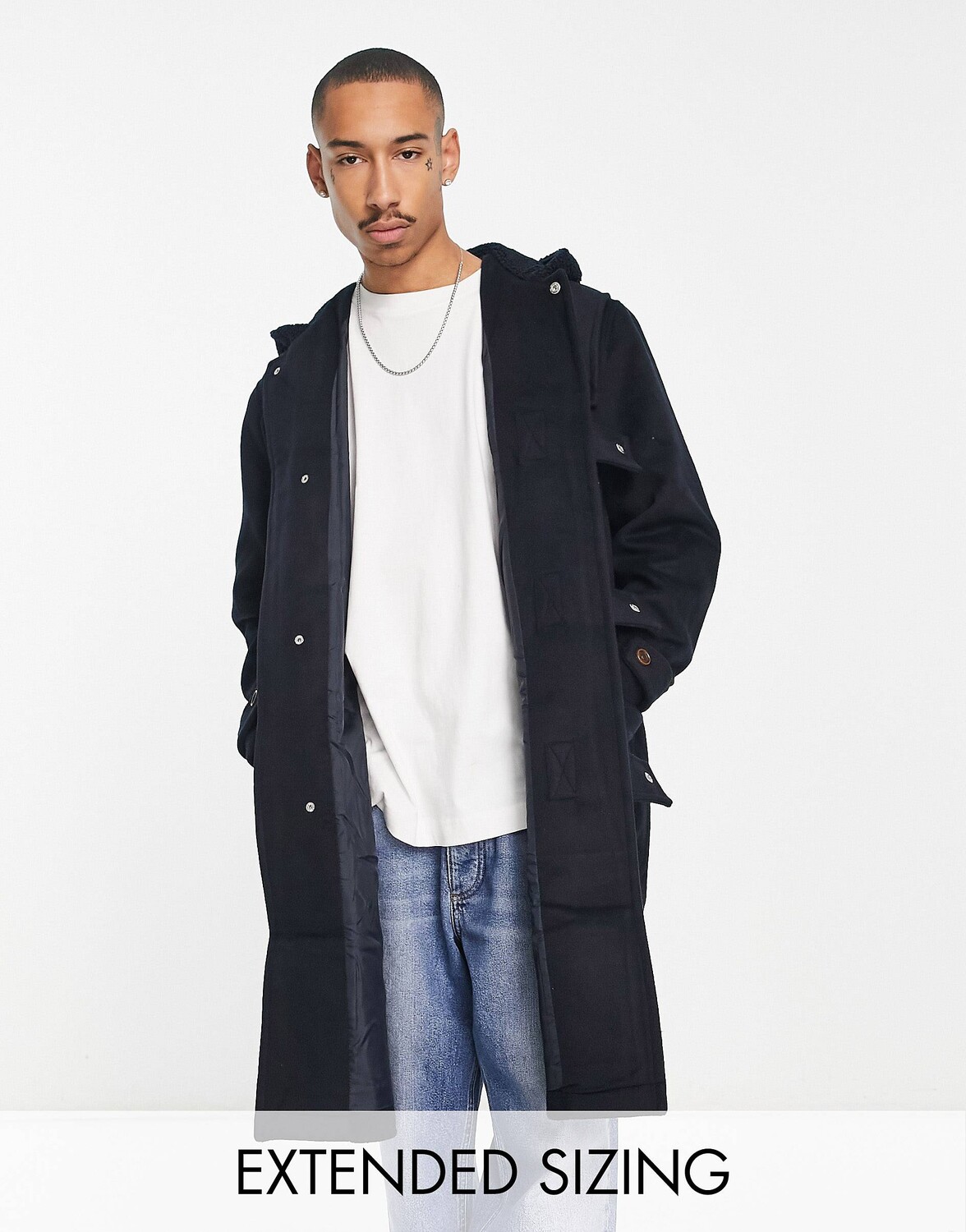 

Темно-синий дафлкот оверсайз из смесовой шерсти с подкладкой из борга ASOS DESIGN