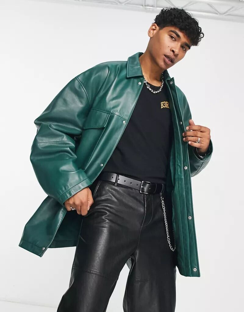 

Зеленая спортивная куртка оверсайз из натуральной кожи ASOS