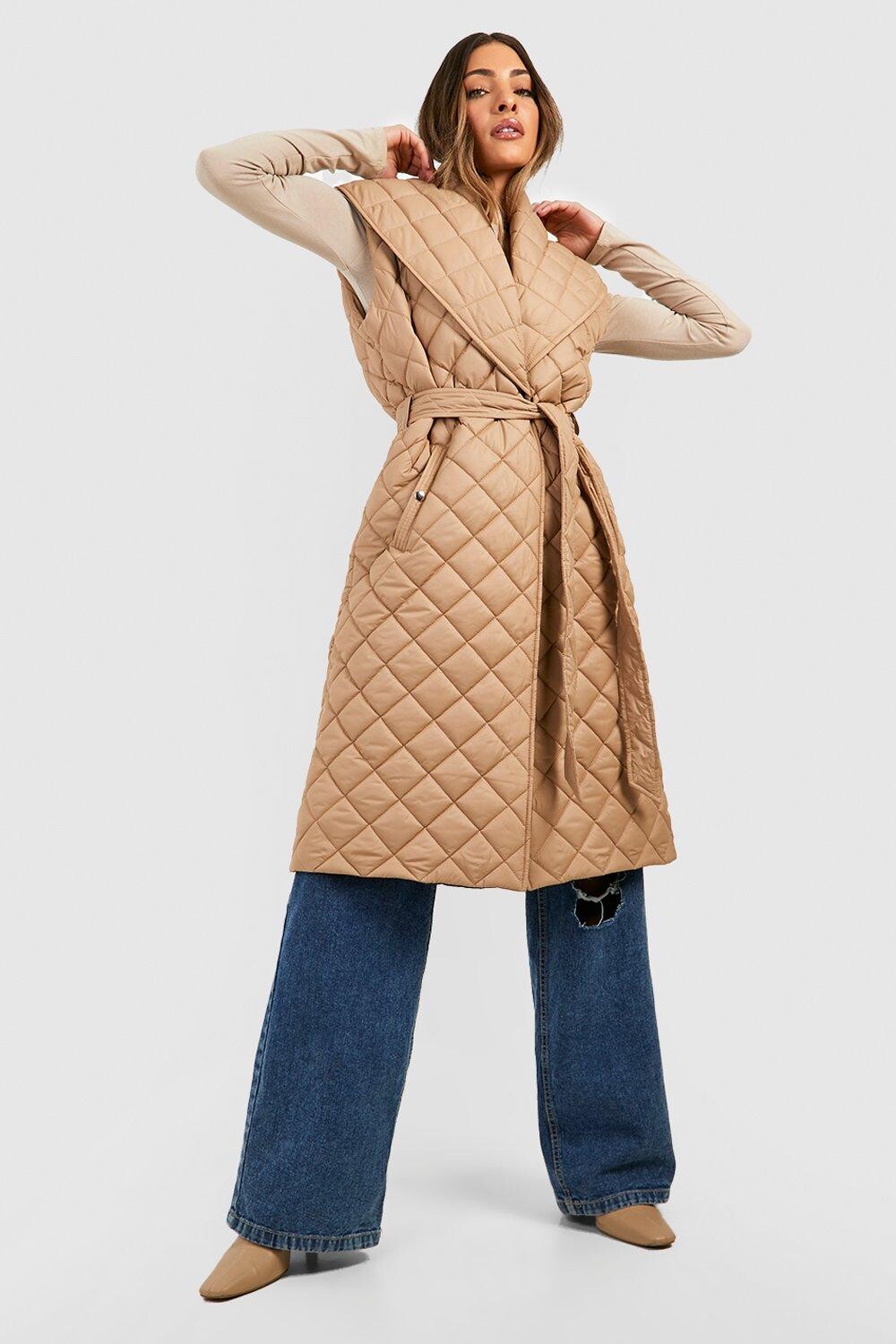 

Жилет с шальным воротником и поясом Boohoo, кэмел