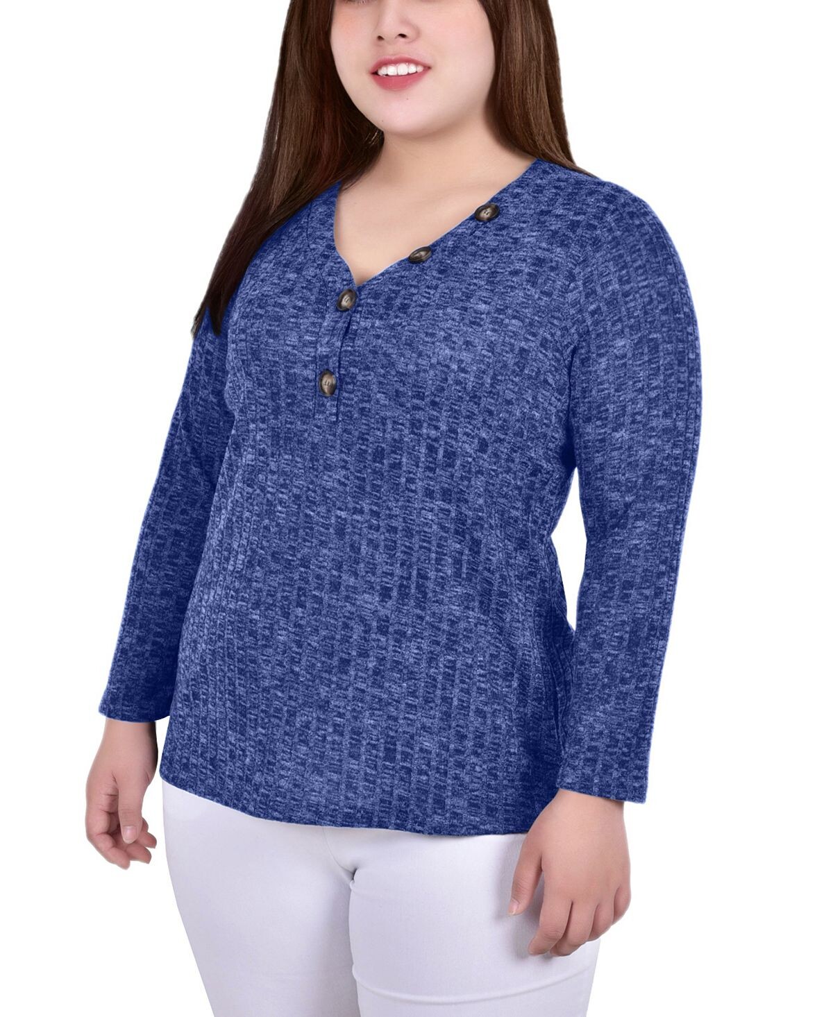 

Плюс размер с длинным рукавом в рубчик henley NY Collection, синий