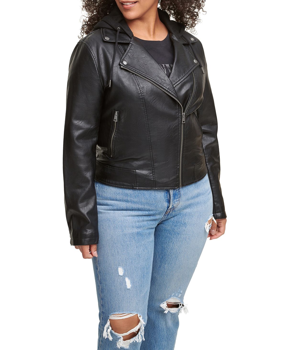 Модная байкерская куртка из искусственной кожи с капюшоном больших размеров Levi's, черный женская куртка из искусственной кожи черная мотоциклетная куртка из искусственной кожи y2k осень зима 2022