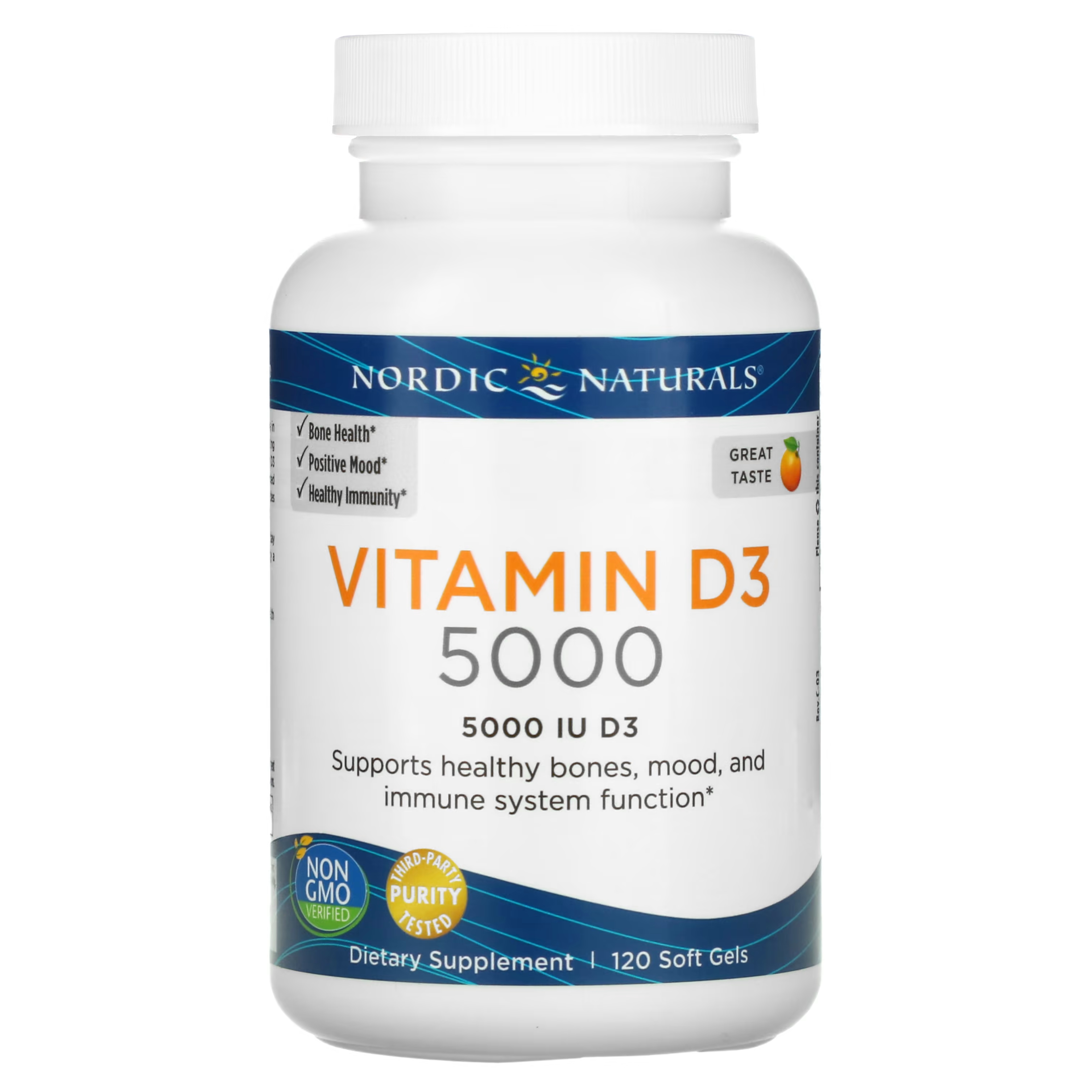 Nordic Naturals Витамин D3 5000 со вкусом апельсина 5000 МЕ, 120 мягких желатиновых капсул
