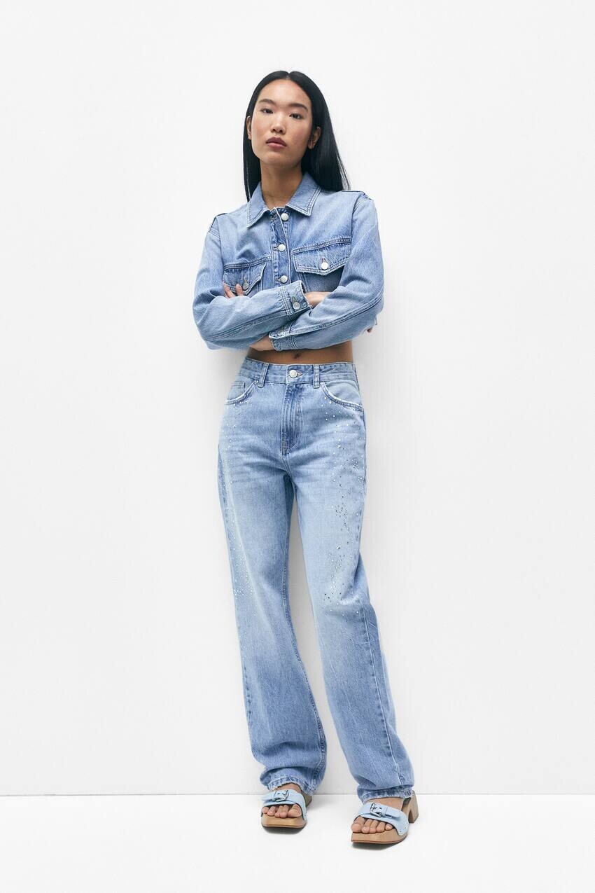 

Джинсы прямого кроя со средней посадкой и стразами Pull&Bear, бледно-голубой