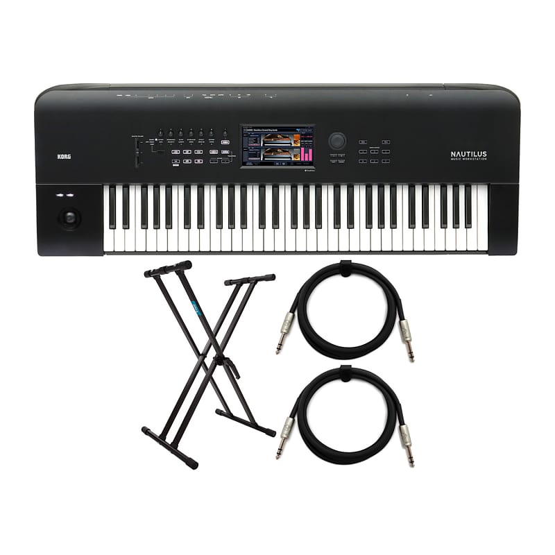 Korg NAUTILUS 61-клавишный синтезатор для рабочей станции с подставкой для клавиатуры и 6-футовым кабелем TRS (комплект из 2 шт.) Korg NAUTILUS 61-Key Workstation Synthesizer with Stand and Cable (2-Pack) синтезаторы korg nts 1 digital nu tekt synthesizer