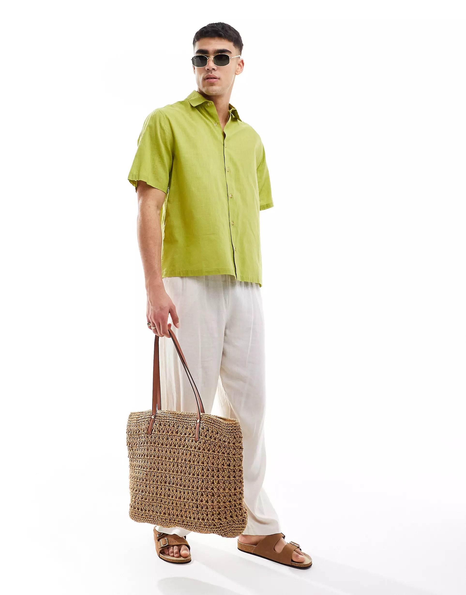 Рубашка Asos Design Linen, оливково-зеленый рубашка с короткими рукавами укороченного кроя weekday белый