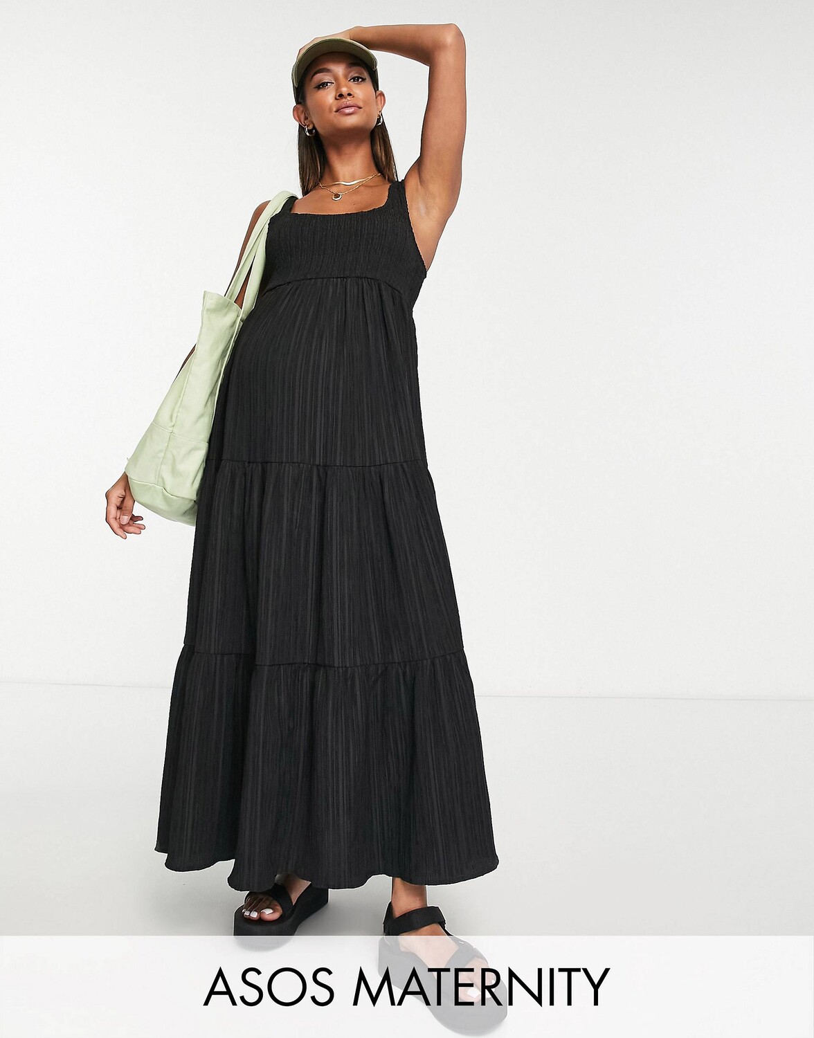 

Черный сарафан макси со сборками и ярусами ASOS DESIGN Maternity Maternity
