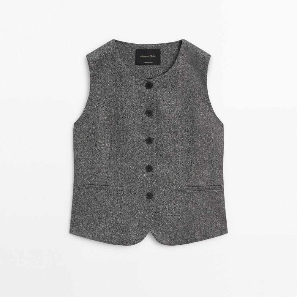 Жилет Massimo Dutti Wool Blend Knickerbocker-yarn-effect, черный куртка бомбер massimo dutti knickerbocker yarn effect черный