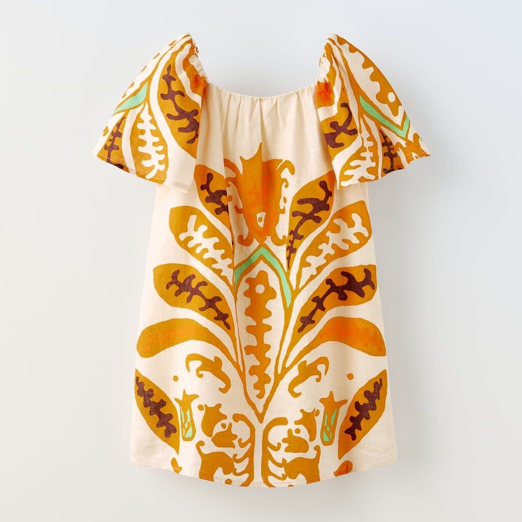 

Платье Zara Printed Linen Blend, кремовый/оранжевый