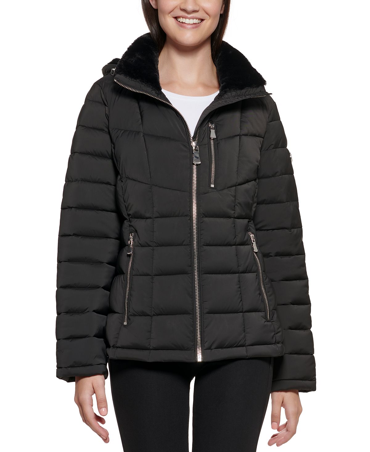 Женское пуховое пальто с капюшоном и отделкой из искусственного меха, созданное для macy's Calvin Klein, черный