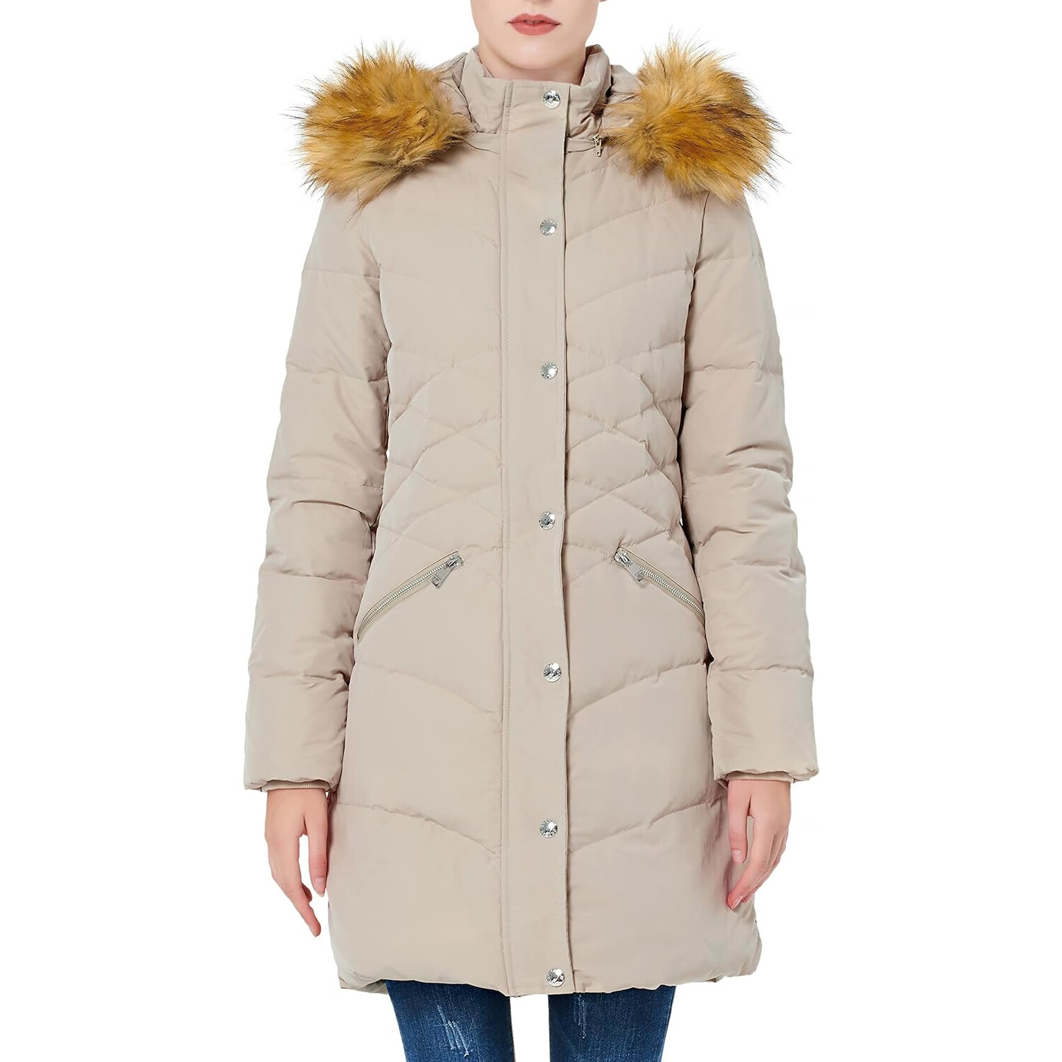 

Пуховик Orolay Water Resistant Romb Waist Hooded Faux Fur, бежевый