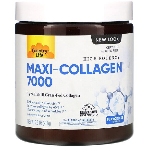 Maxi-Collagen 7000 порошок, Country Life, без вкуса, 213 г geneticlab collagen vit c 225 г без вкуса