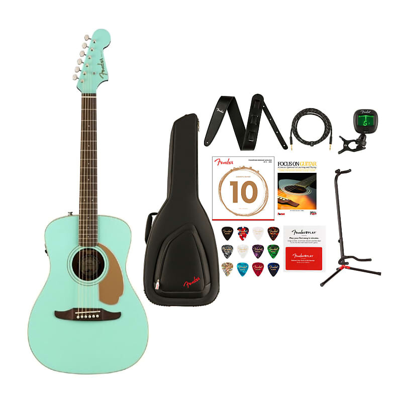 

6-струнная акустическая гитара Fender Malibu Player (правая рука, Aqua Splash) с чехлом, кожаным ремнем, инструментальным кабелем, подставкой для гитары, клипсовым тюнером, комплектом гитарных струн