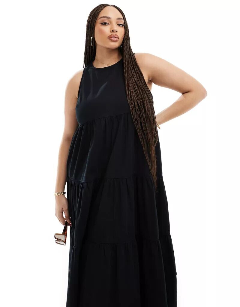 

Черное многоярусное платье макси из мягкого денима ASOS DESIGN Curve
