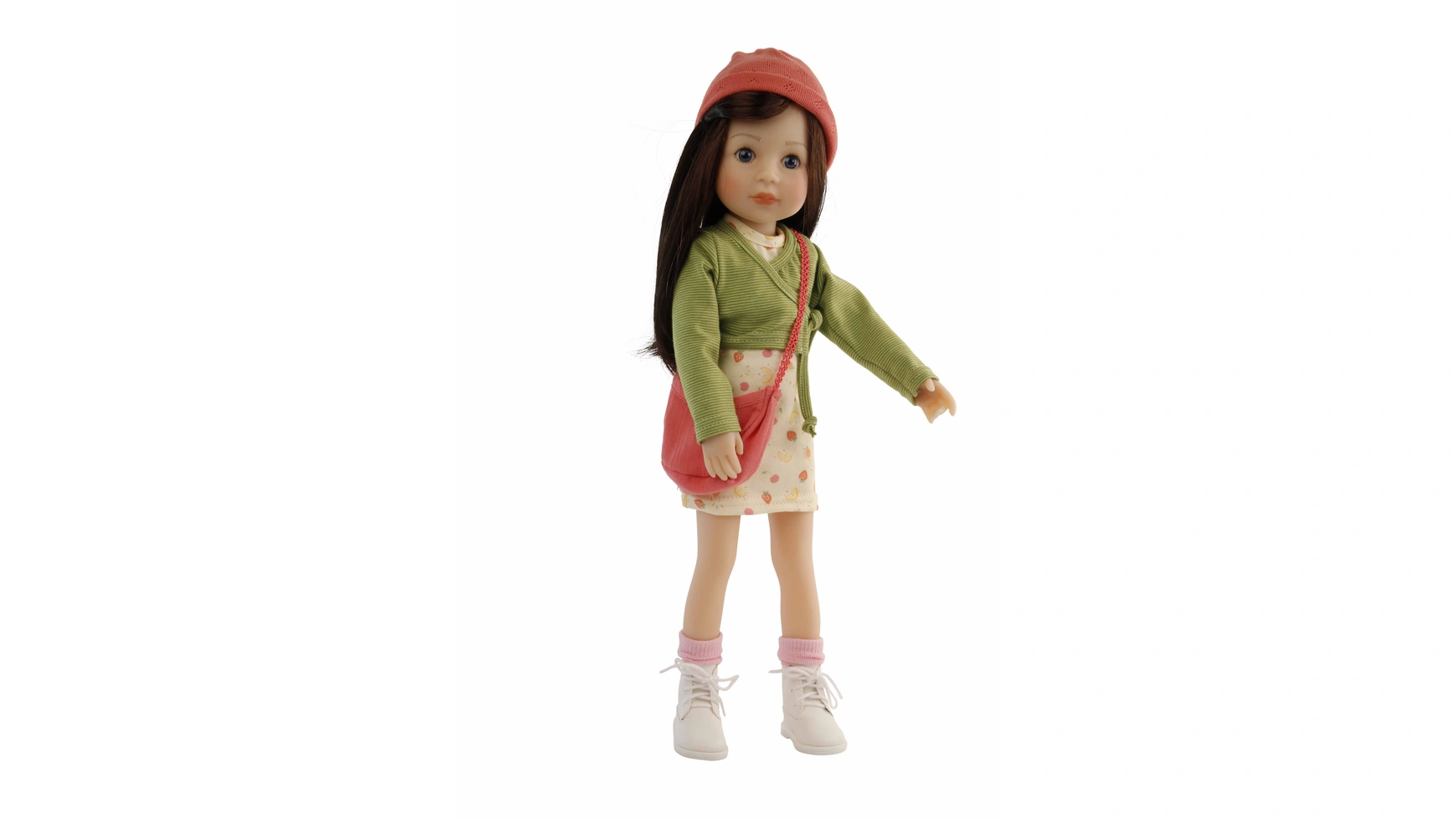 Schildkroet-Puppen Стоячая Кукла Йелла 46 см каштановые волосы, одежда желтая и зеленая/красная де ламбийи и я люблю музыку