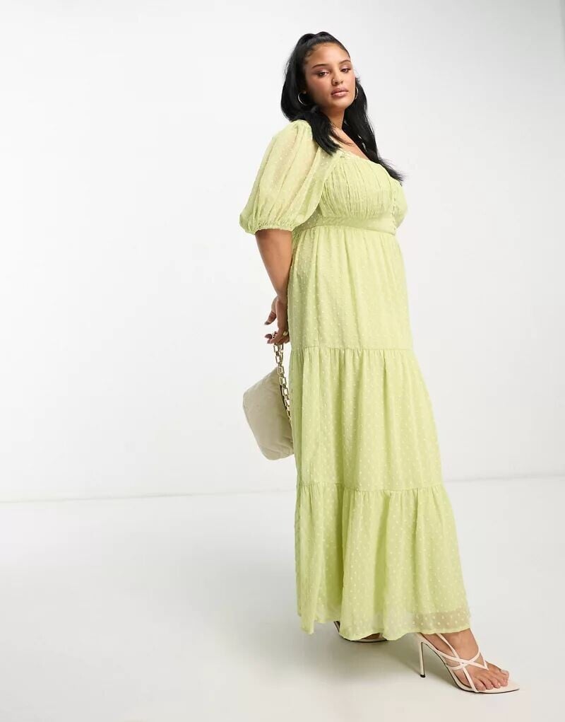 

Повседневное платье макси ASOS DESIGN Curve из ткани добби салатового цвета с открытой спиной и кружевной вставкой