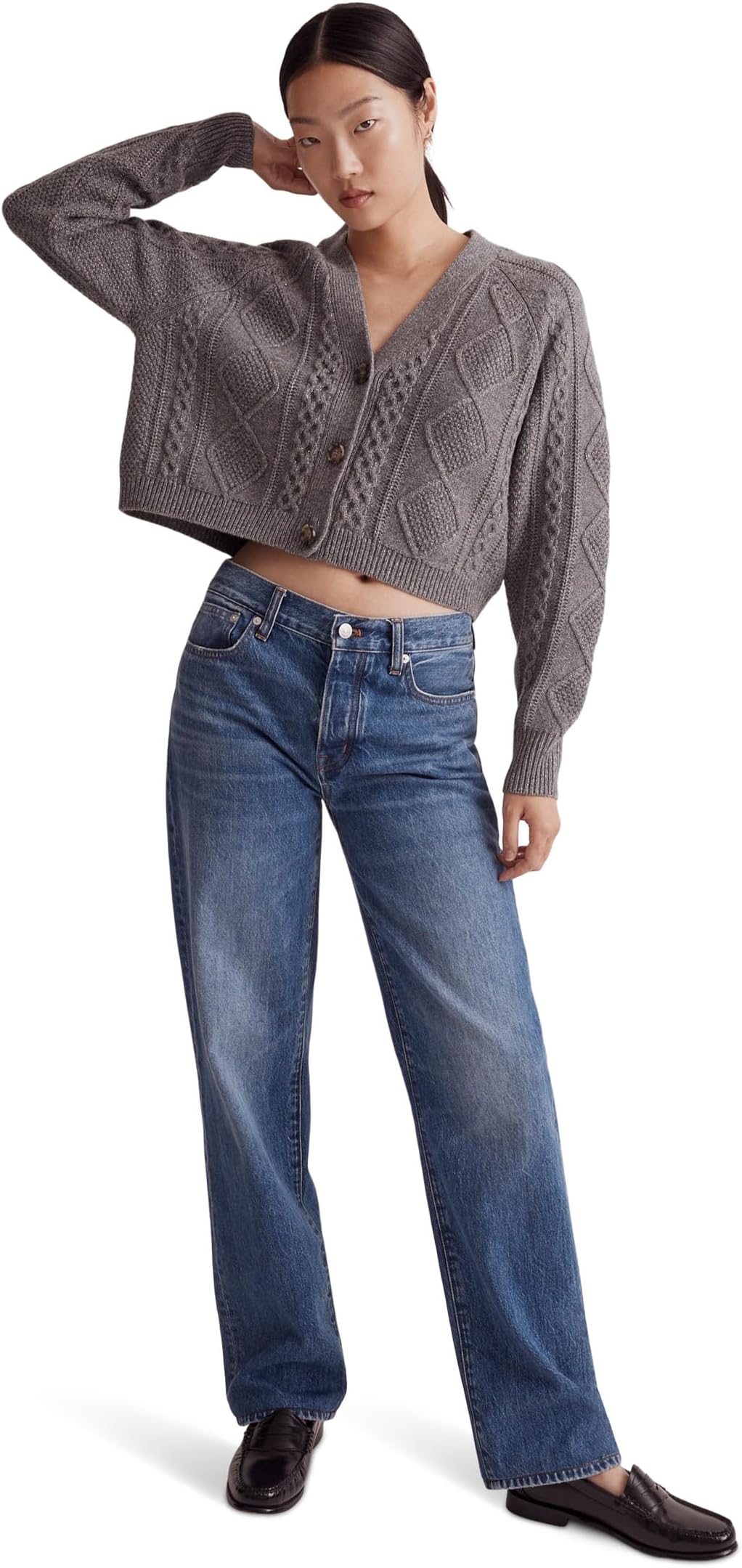 Свитер Cable-Knit Crop Cardigan Madewell, цвет Heather Graphite свитер madewell aviva cable cardigan цвет heather powder