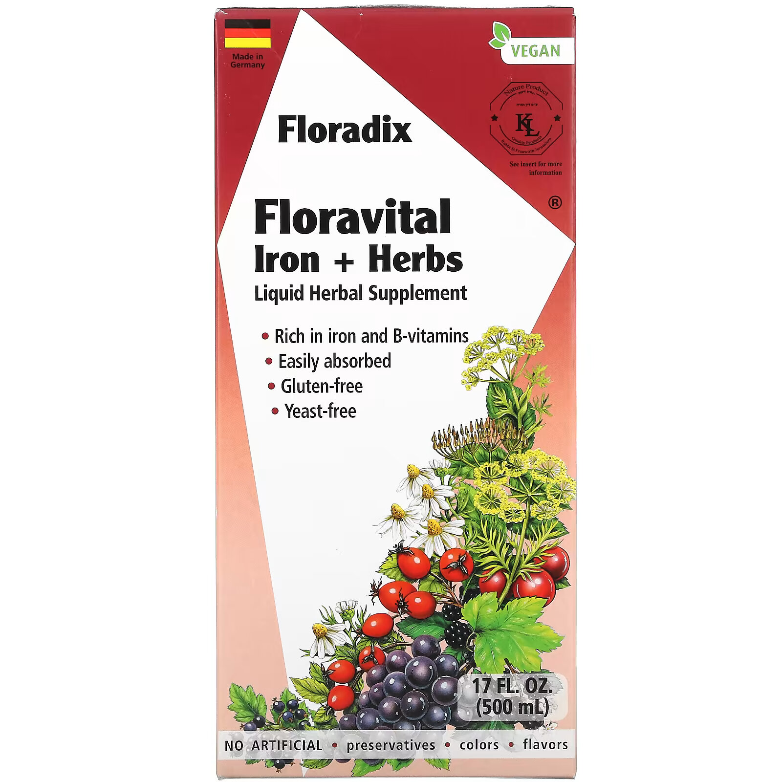 Gaia Herbs, Floradix, Floravital Iron + Herbs, 500 мл (17 жидк. Унций) gaia herbs floradix calcium magnesium 17 fl oz 500 ml