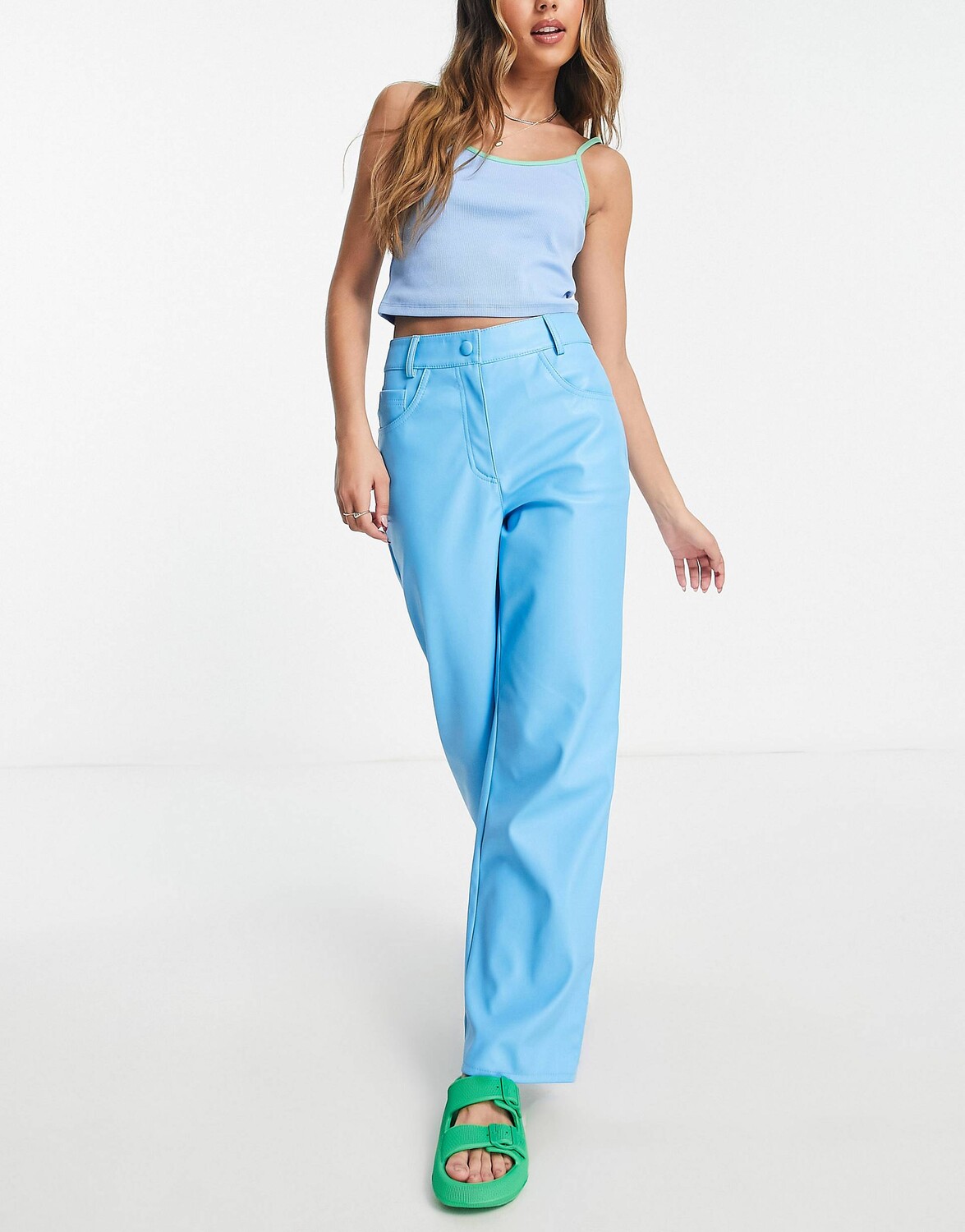 

Синие брюки папы из искусственной кожи Miss Selfridge, Синий
