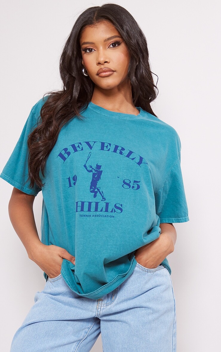 

PrettyLittleThing Бирюзовая футболка с принтом Beverley Hills, Зеленый