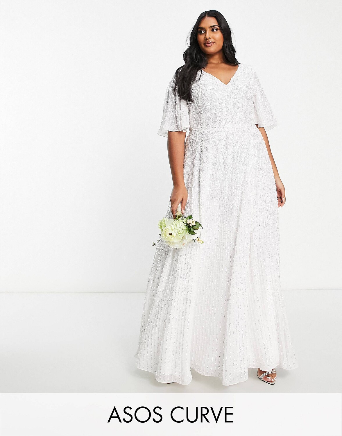 

Свадебное платье макси с пайетками и рукавами-крылышками ASOS Edition Curve
