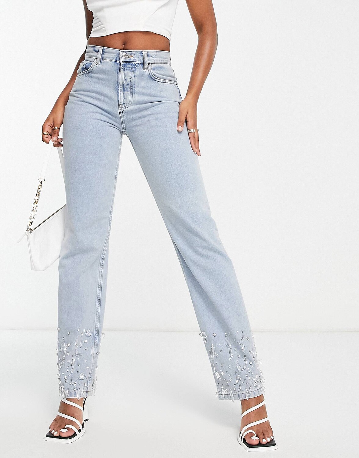 

Голубые прямые джинсы в стиле 90-х с декором по низу ASOS DESIGN