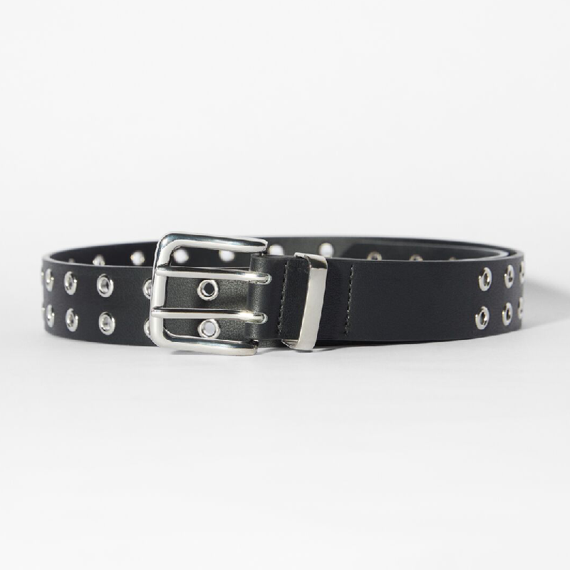 Ремень Bershka Faux Leather With Eyelets, черный - фото