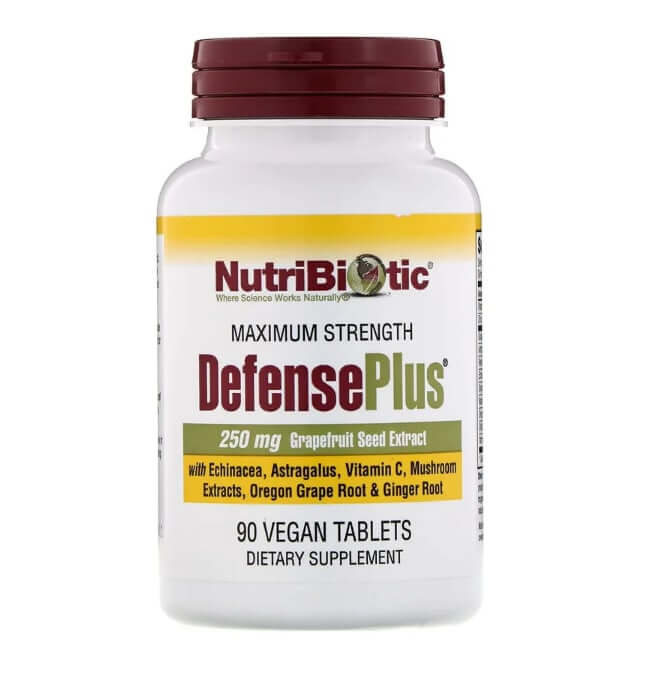 DefensePlus, максимальная сила, 90 веганских таблеток, NutriBiotic nutribiotic gse веганский экстракт семян грейпфрута жидкий концентрат 118 мл