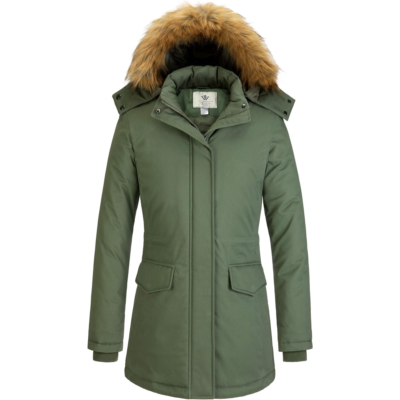 цена Куртка WenVen Winter Thickened Warm Mid Length Windproof and Waterproof With a Detachable Fur Hat, зеленый