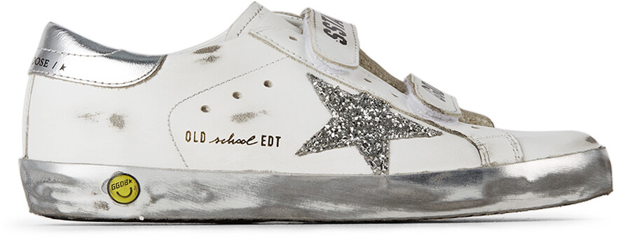 

Детские бело-серебристые блестящие кроссовки на липучках Old School Golden Goose