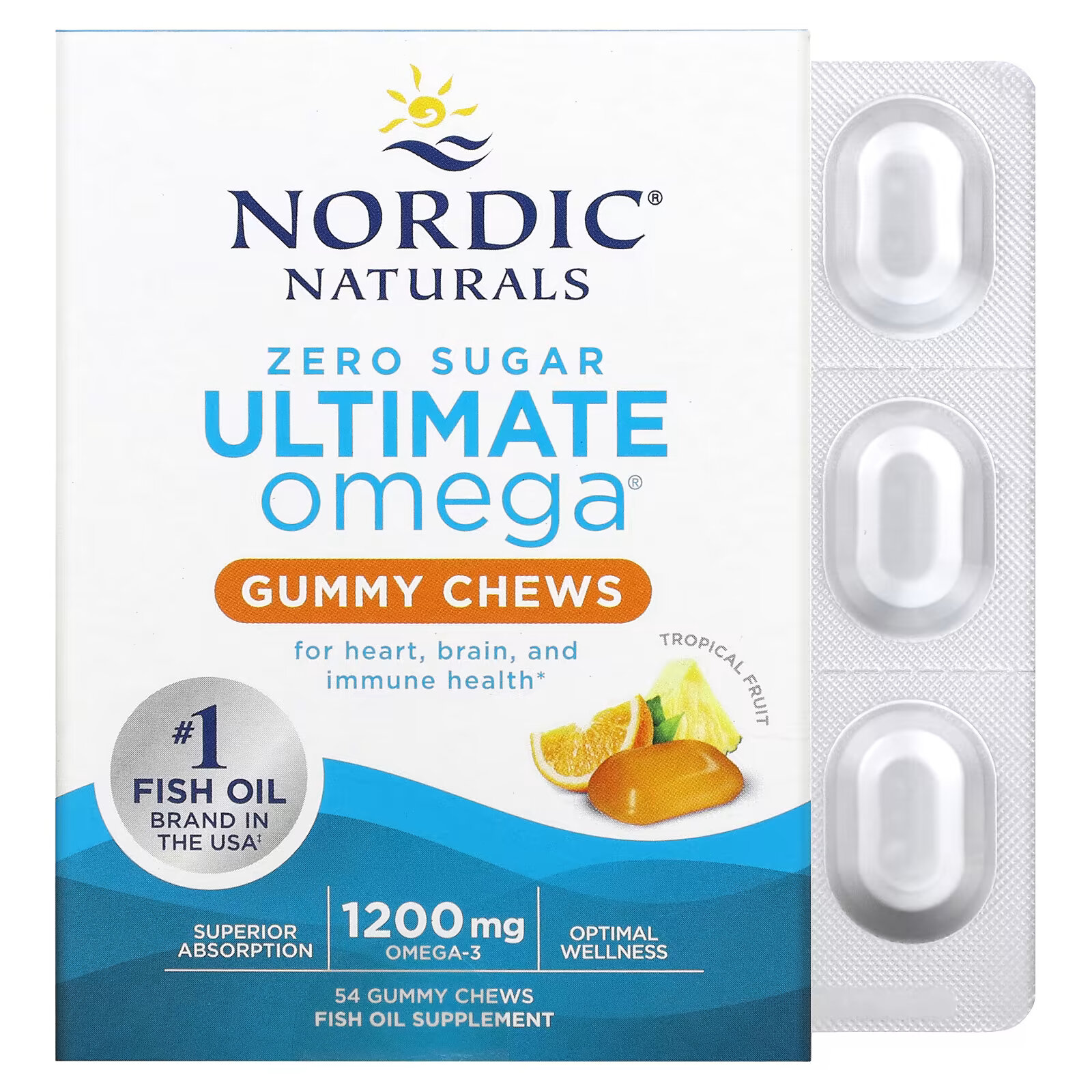 Nordic Naturals, Ultimate Omega, тропические фрукты, 600 мг, 54 жевательных жевательных таблетки - фото