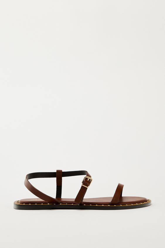 Сандалии Zara Flat Leather Slider, коричневый цена и фото