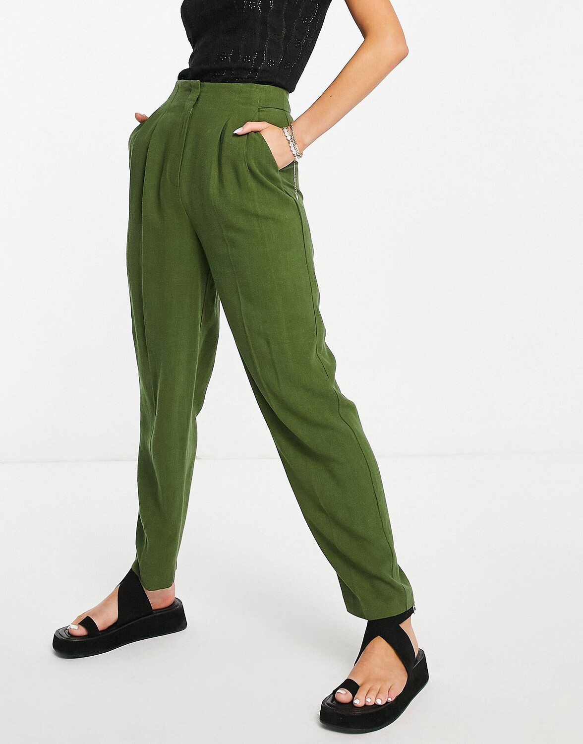 

Мягкие льняные зауженные брюки цвета хаки ASOS DESIGN