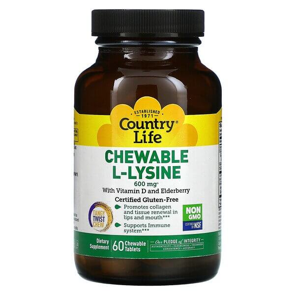 Жевательный L-лизин с витамином D и бузиной, Country Life, 300 мг, 60 жевательных таблеток olympian labs экстренная поддержка иммунитета с бузиной и витамином c 60 капсул