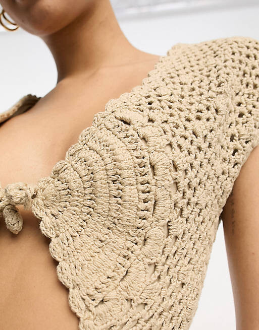 

Платье мини крючком ASOS DESIGN с завязками из жженого песка