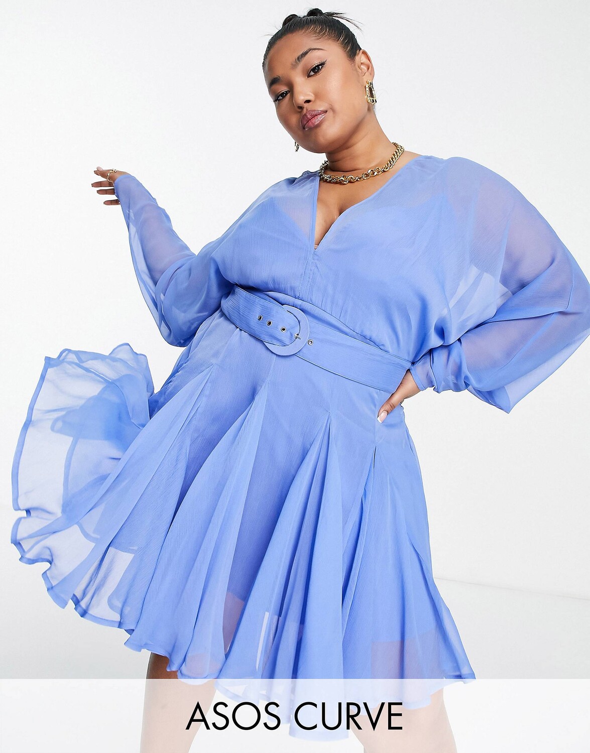 

Синее мягкое мини-платье с поясом и поясом ASOS DESIGN Curve