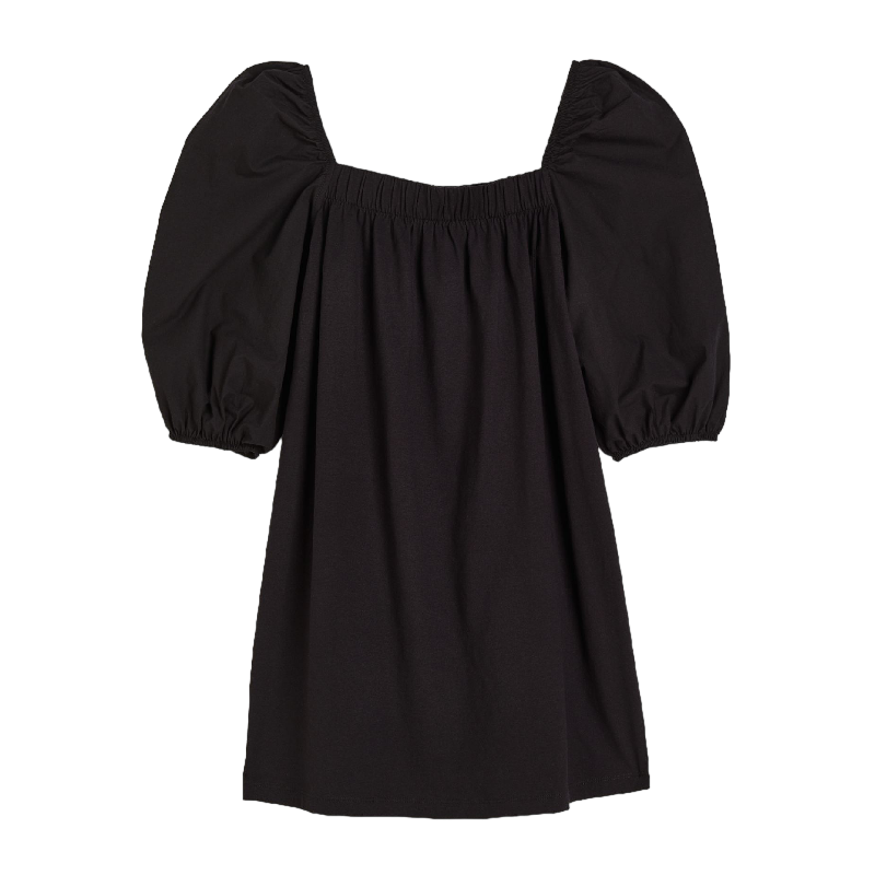 Платье H&M Puff-sleeved Cotton, черный