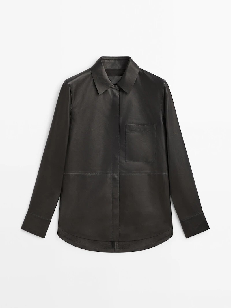 

Рубашка из кожи наппа с карманом Massimo Dutti, черный