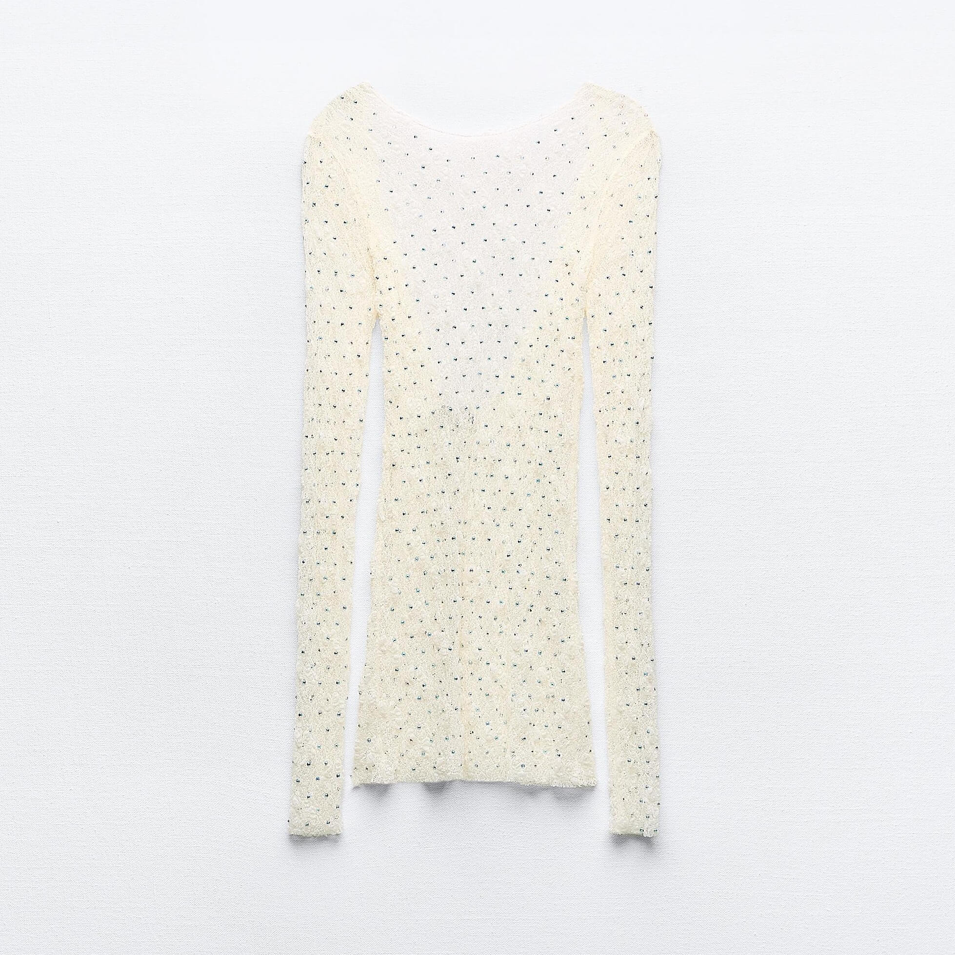 Топ Zara Lace With Rhinestones, молочный футболка zara embellished with rhinestones кремовый