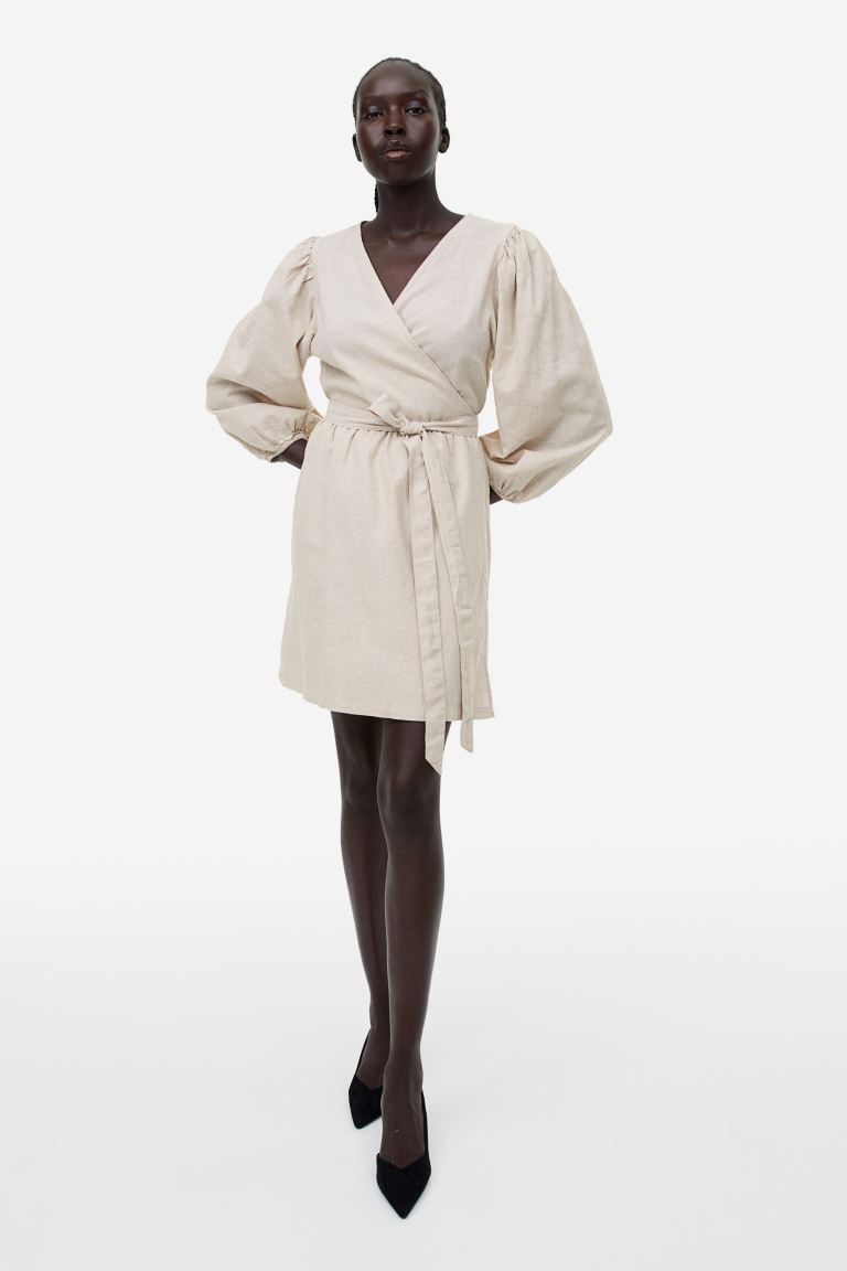 Платье с запахом из смесовой льняной ткани H&M, светло-бежевый