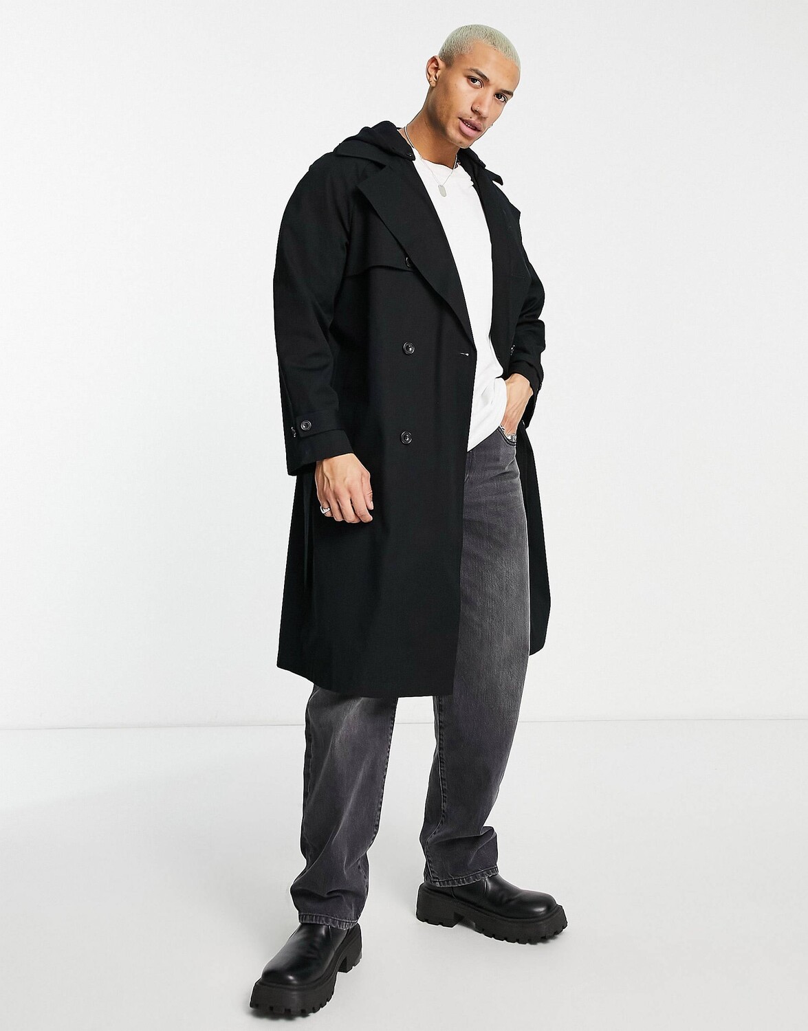 

Черный водоотталкивающий тренч оверсайз с капюшоном из джерси ASOS DESIGN