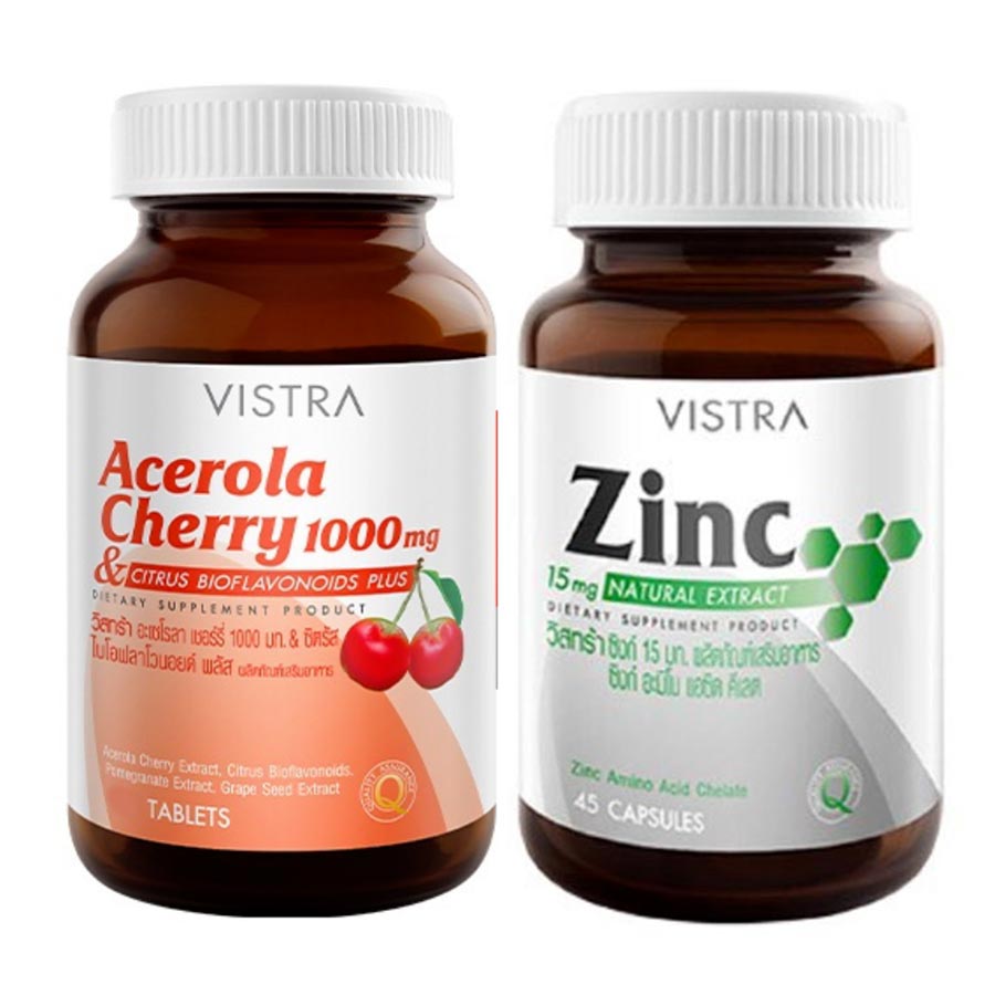 Набор пищевых добавок Vistra Acerola Cherry 45 таблеток + Vistra Zinc 45 таблеток набор пищевых добавок vistra acerola cherry 1000 mg gluta complex 800 plus rice extract 45 30 таблеток