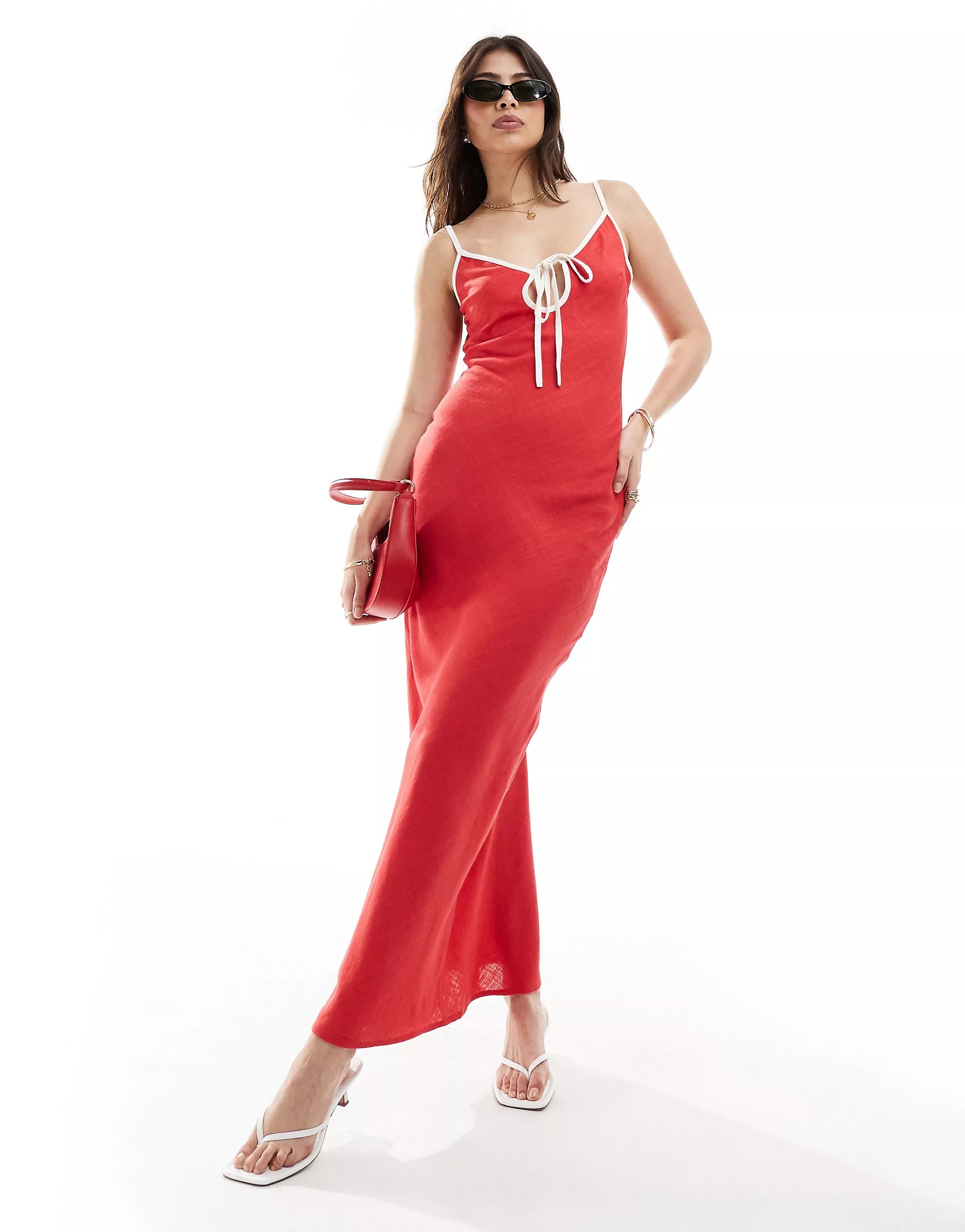 цена Платье-комбинация Asos Design Linen Slip With Contrast Binding, красный