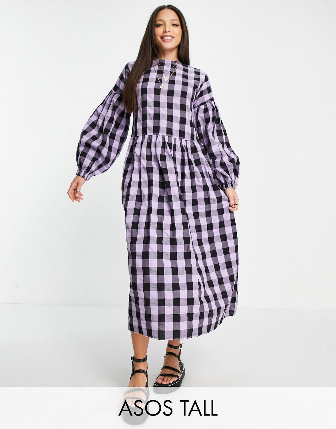 

Сиреневое платье миди в мелкую клетку с приспущенными плечами ASOS DESIGN